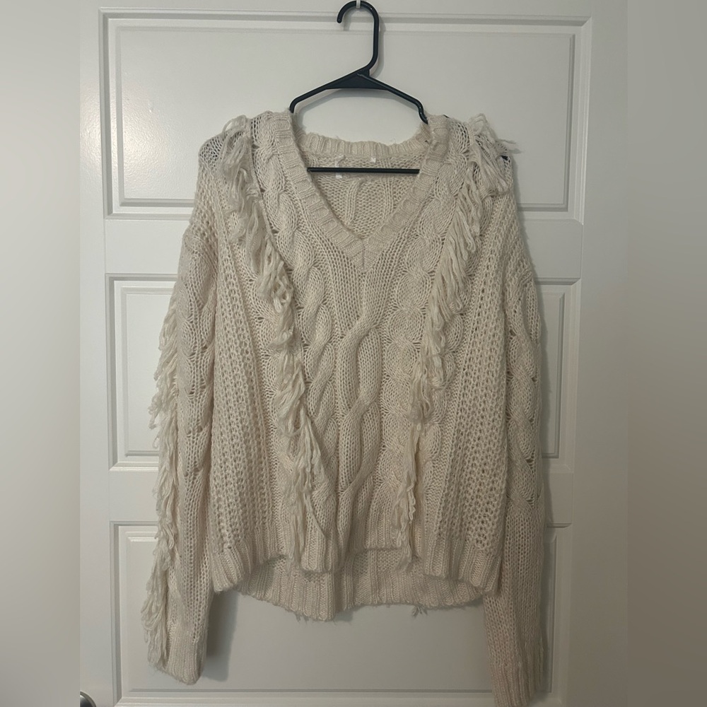 Cozy Cream Cable Knit Sweater with Fringe Size M/L